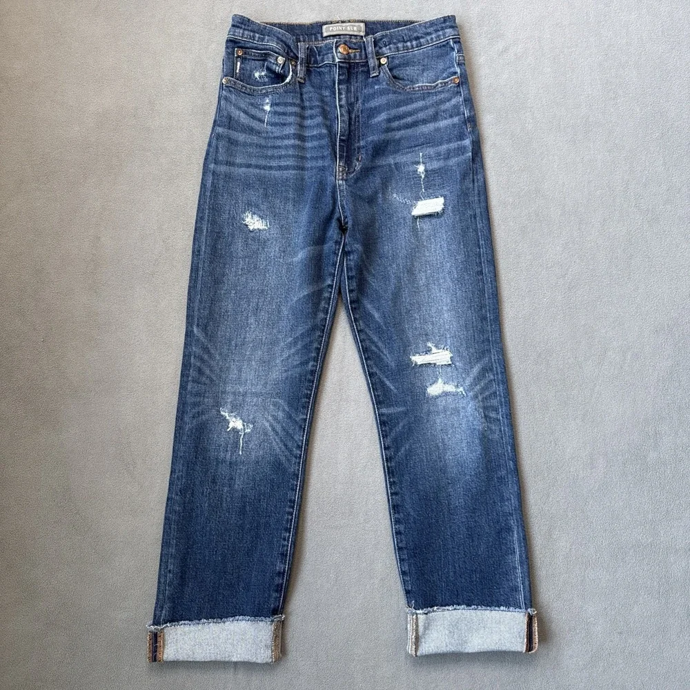 Point‎ Sur Jeans Womens 27 Blue High Rise Slim Boy Distressed Patched Raw Hem